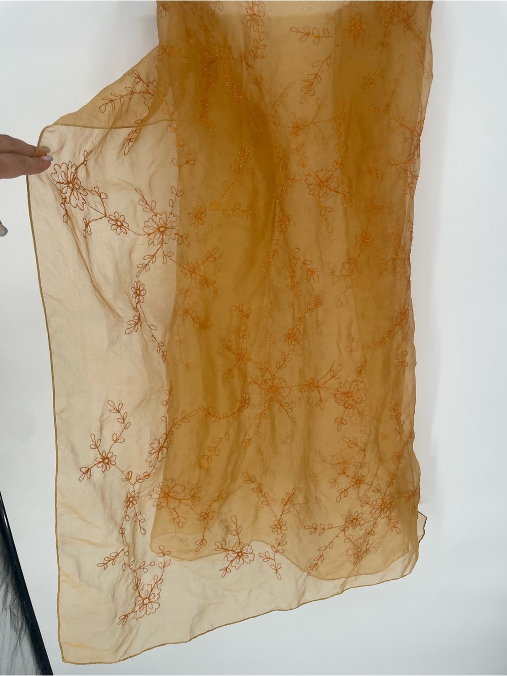 Laila Rowe 100% Silk Golden Orange Large Sheer Organza Embroidered Scarf / Wrap